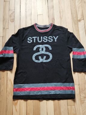 Stussy Black Tee with Gray Logo and Red Stripe Accents
